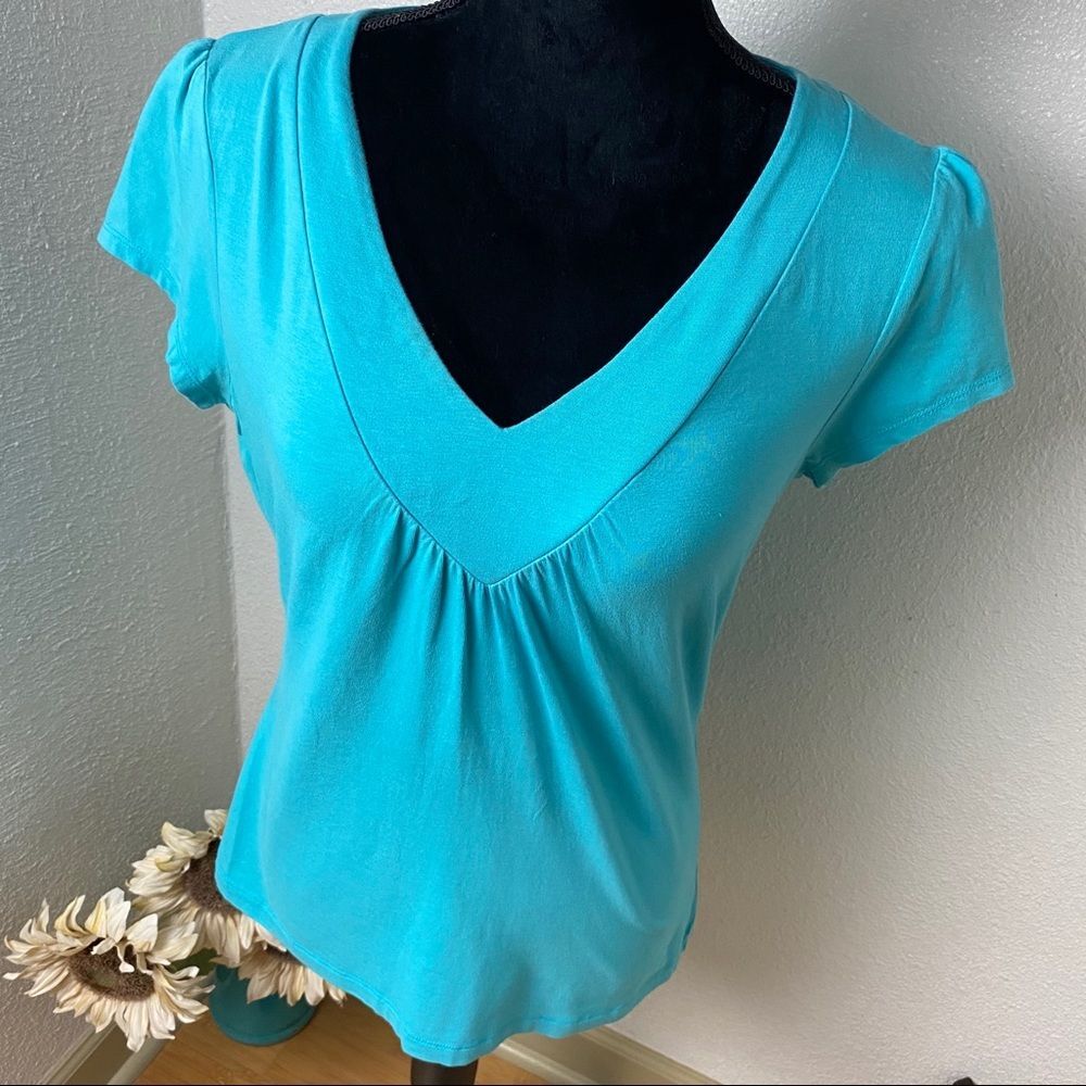 Aqua Blue V-Neck Blouse - Medium - Carole Little